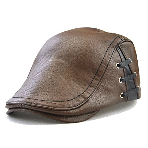 FayTop Men's Vintage Newsboy Cap PU Leather Ivy Flat Gatsby Hat Winter Golf Driving Hats Beret Caps E12968-light Coffee