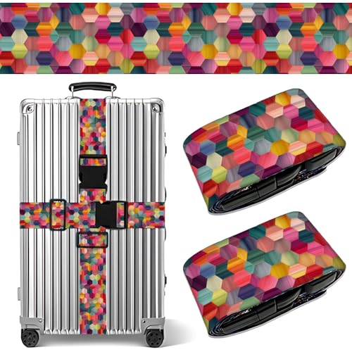 Image of Colorful Luggage Straps 2 Pack - Geometric Hexagon Pattern Suitcase Belts with Quick-Release Buckle, Spring Summer Travel Accessories
