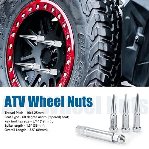 Image of JiiinMiiin M10x1.25 Long Steel Spike Lug Nuts, Thread Pitch 10x1.25, Set of 16 ATV Wheel Nuts with A Socket. [Chrome]