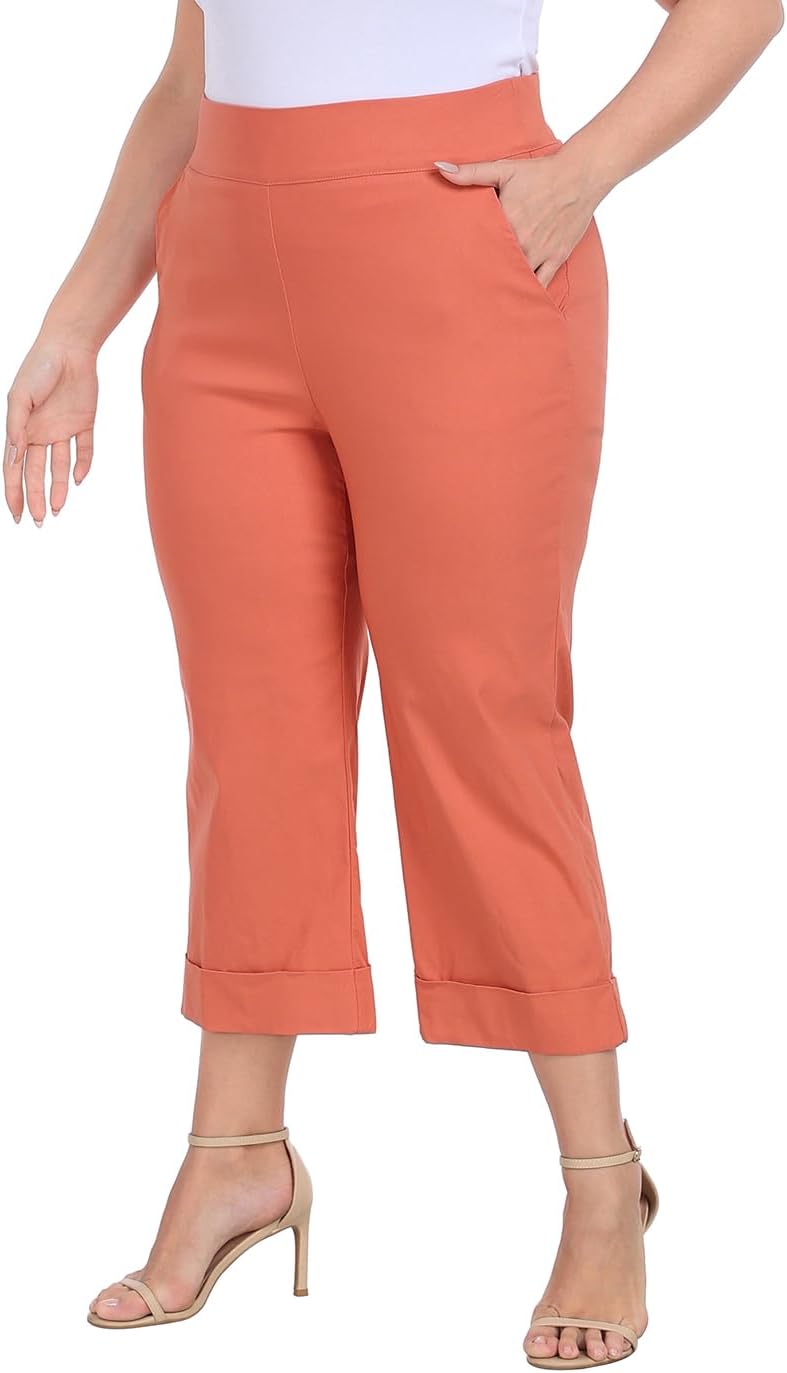 HDE Plus Size Pull On Capri Pants for Women with Pockets Elastic Waist Commuter Travel Casual Work Cropped Pants with Cuff - Image 6