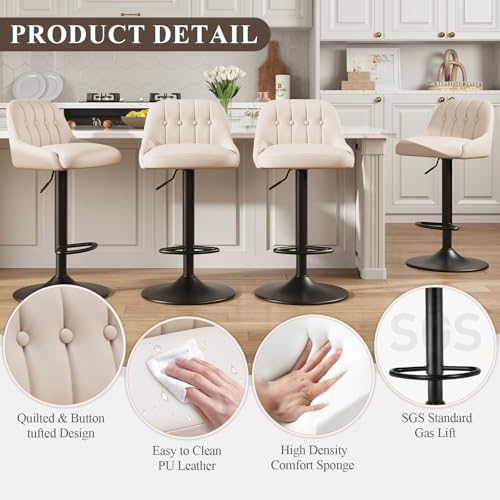 Image of MALOL Bar Stools Set of 1, Swivel Bar Chairs, Modern Adjustable PU Leather Upholstered Barstools Counter Height with Tufted Back for Bar, Kitchen Counter Island, Dining Room, Beige