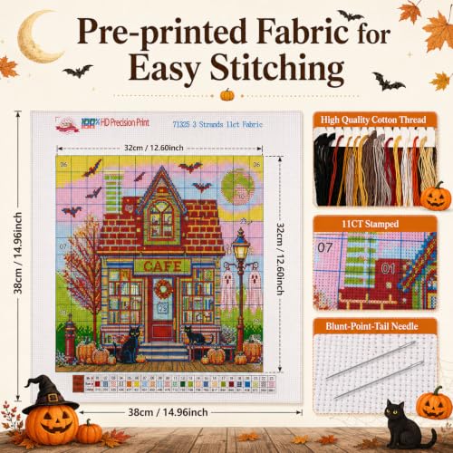 Image of Halloween Cross Stitch Stamped Kits for Adults Beginners, Horror Embroidery | Halloween House Embroidery Kits, Full Line DIY Stitching Kit, 11 CT Needlepoint Patterns for Home Decor 15x15 Inch