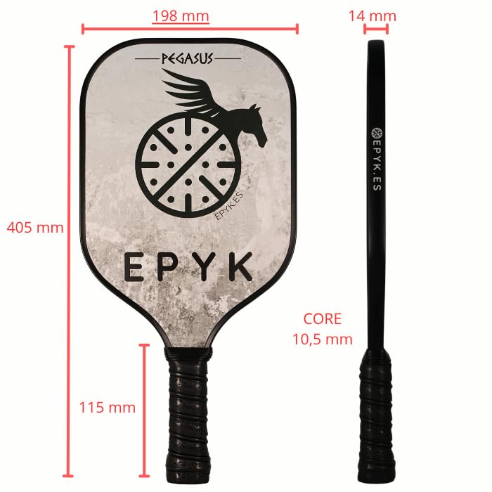 EPYK Pickleball Pegasus, racchetta da pickleball, 405 x 198 mm, impugnatura 115 mm, costruzione in fibra di vetro, nucleo 10 mm, per principianti
