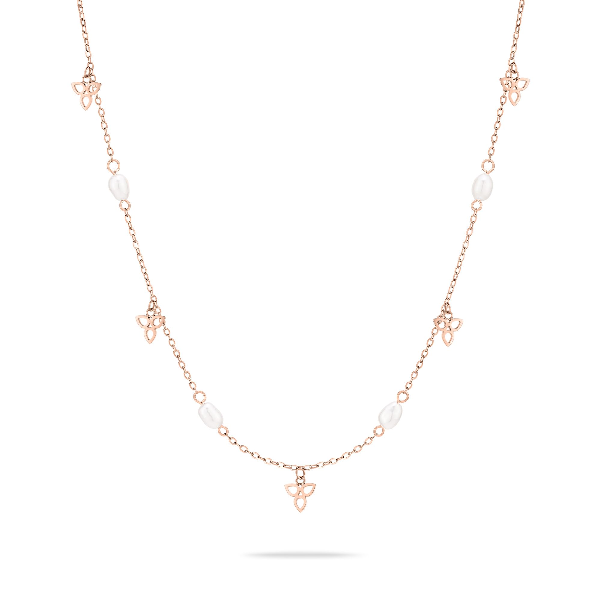 Tamaris Pearl Flower Necklace - Rose Gold - Necklace with Zirconia Stones and Flower Pendants Made of Stainless Steel