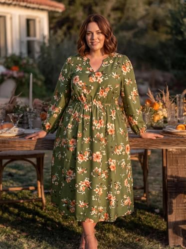 Image of TIYOMI Womens Plus Size Dresses Fall Long Sleeve Maxi Dresses V Neck Floral Spring Party Dress with Pockets XL-5XL (14W-28W)