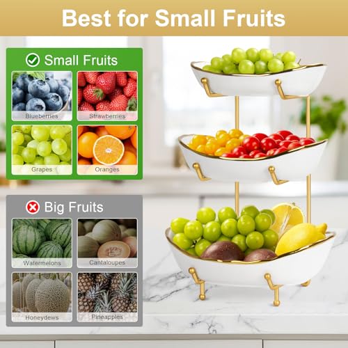 YUNLINLI 3-Tier Ceramic Fruit Bowl, Modern Fruit Basket for Kitchen Countertop, Tiered Fruit Display Stand with Gold Metal Stand, Non-Slip & Chip-Resistant, Dishwasher Safe (Gold&White) - image 3