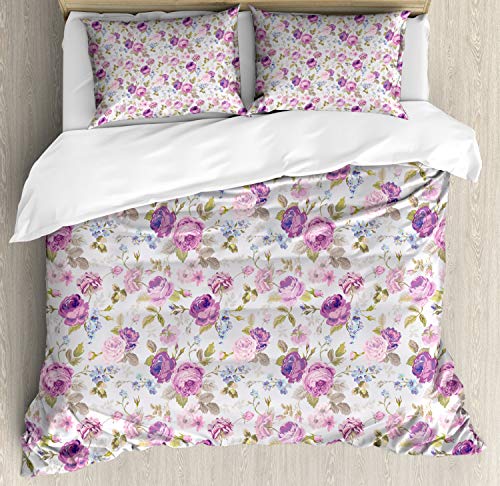 ABAKUHAUS Floral Funda Nórdica, Tonos Pastel Hojas, 2 Fundas para Almohada Set Decorativo de 3 Piezas, 264 x 220 cm - 90 x 50 cm, Lila Verde Azul pálido