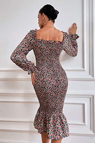 Prettygarden Women's Long Puff Sleeve Floral Midi Bodycon Dresses Square Neck Ruffle Mermaid Smocked Dress (Black Orange,Small) #TOP4