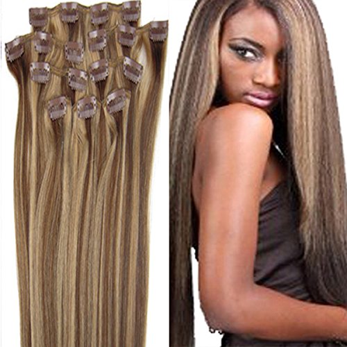 8PCS 100% Remy Real Human Hair Clip in Extensions 20" Straight (4/27 Chocolate Brown/Dark Blonde)