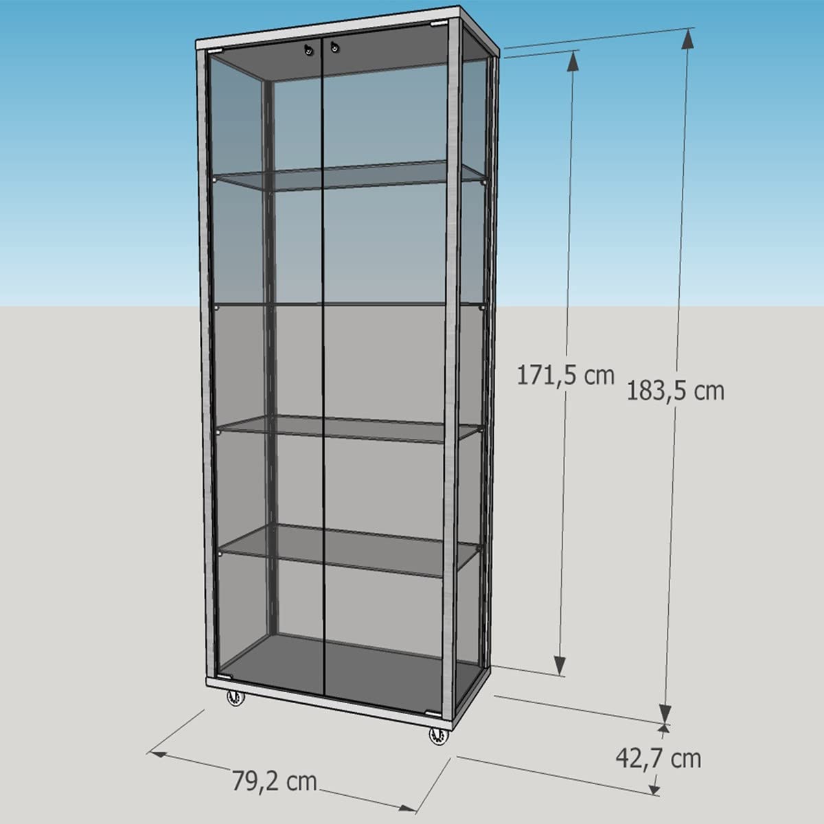 MHN Glasvitrine T 43 x B 79 x H 183,5 cm - breite Glas Standvitrine abschließbar - Ausstellungs-Vitrine - ohne Beleuchtung