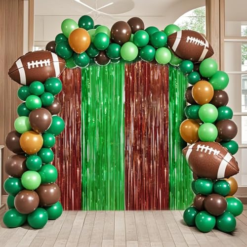 Image of 4 Packs Football Foil Fringe Curtain, Brown Green Glitter Metallic Tinsel Backdrop for Birthday, Baby Shower, Super Bowl, Football Game Day Party Decorations Supplies