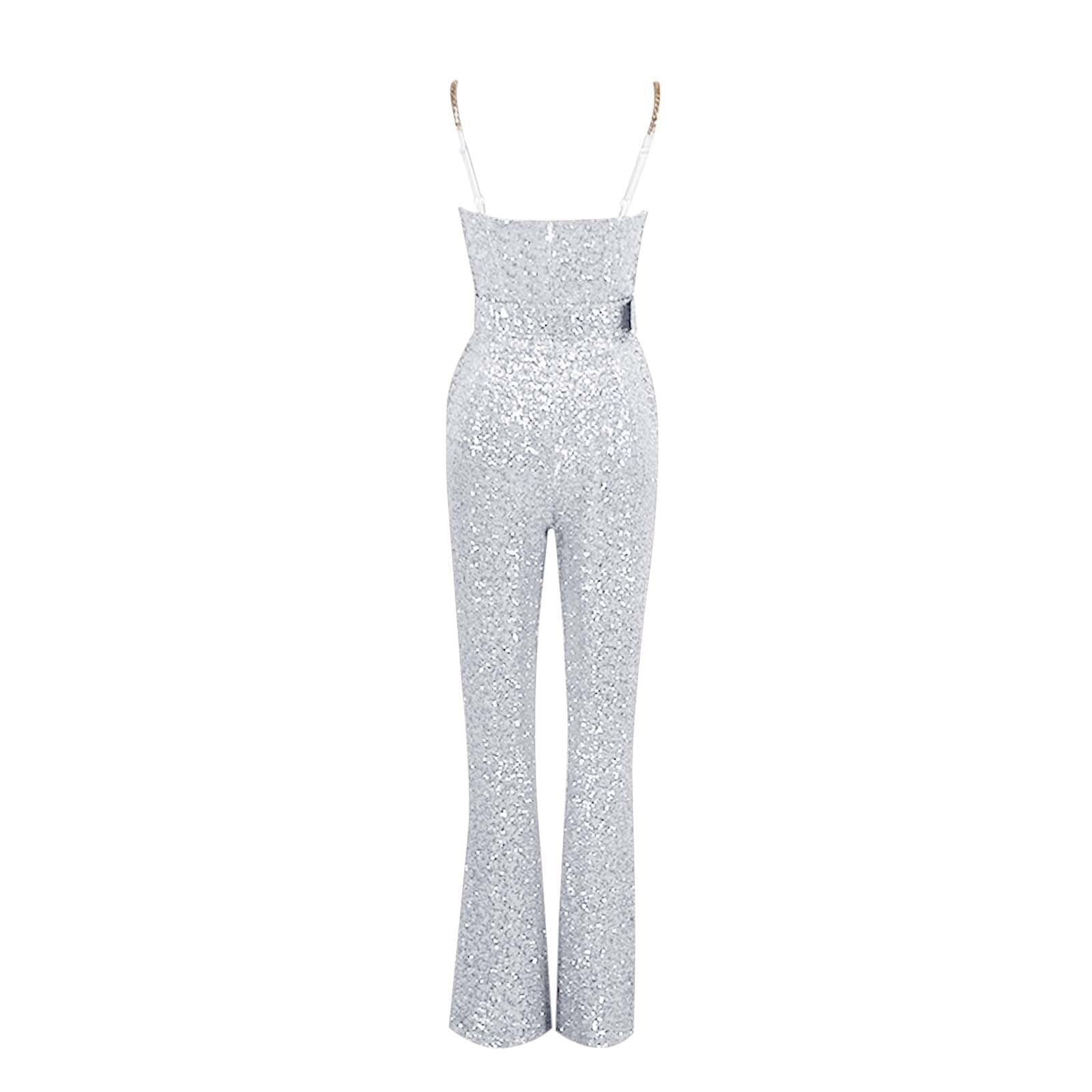 Pailletten Overall Damen Rückenfrei Bodysuit Sexy Stringbody mit Gürtel Weites Bein Strampler Elegant Einteiler Casual Body Bequemer Onesie Party Outfit
