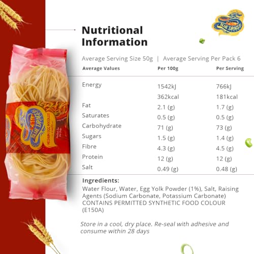 Image of Blue Dragon Egg Noodle Medium | No Preservative & Artificial Color | Eggs, Wheat, SOYA, Peanuts and Nuts | Egg Noodle Packet - 300gm(Pack of 2)