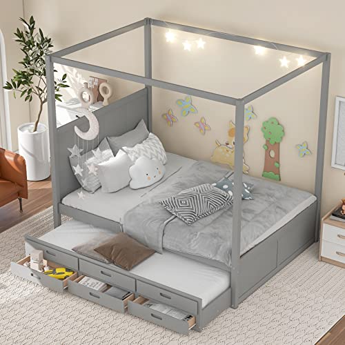Queen Size Wood Canopy Platform Bed Frames With Twin Size Trundle & 3 Storage Drawers, No Box Spring Needed, Easy To Assemble For Bedroom Small Living Space Boys Girls (Grey) #TOP16