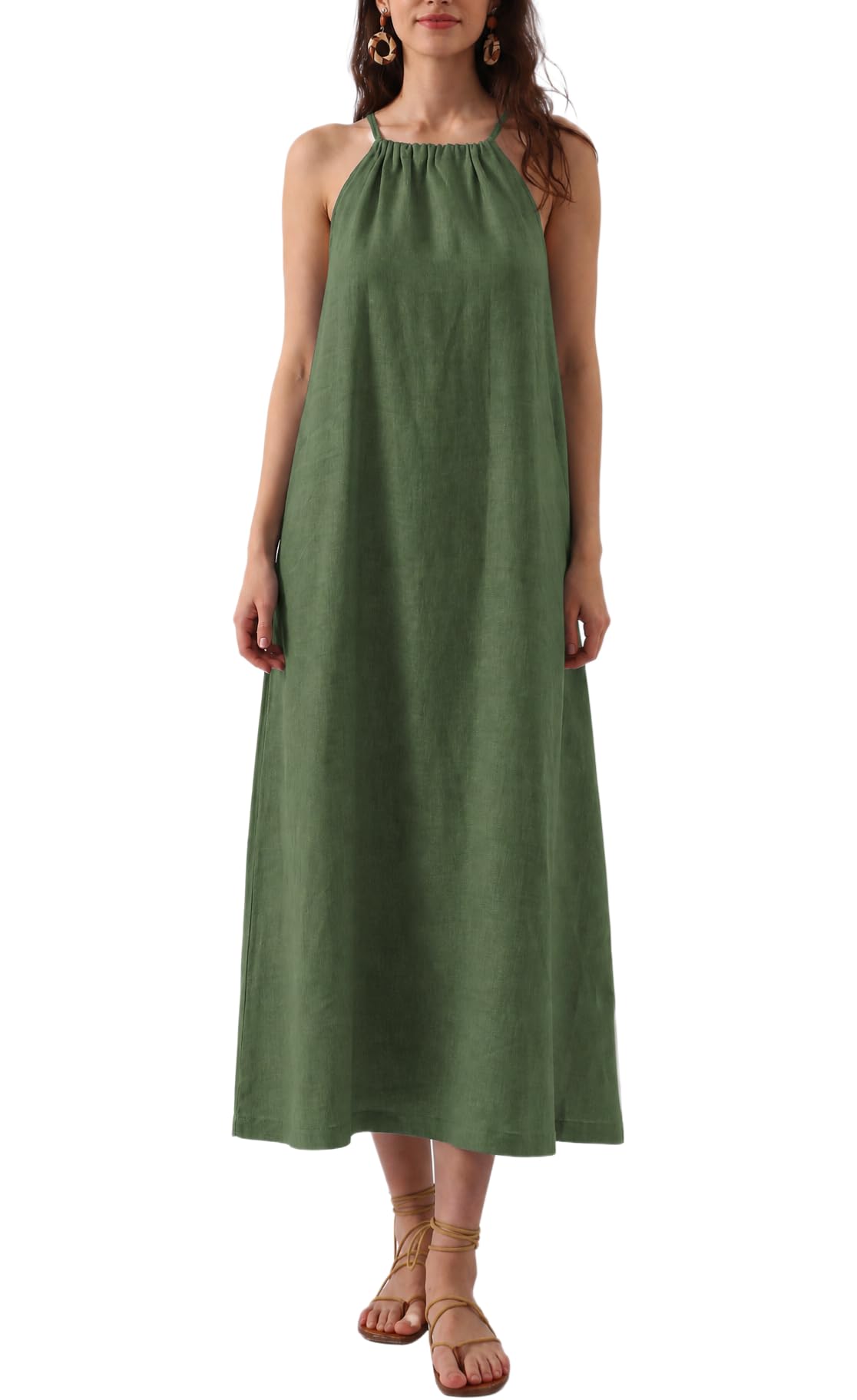 Amazhiyu Vestido largo de lino sin mangas para mujer, con cinturón y bolsillos
