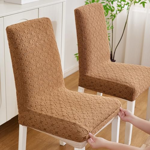 Image of HOMETHREADS Elastic Jacquard Chair Cover Stretch Removable Washable Short Dining Chair Cover Protector Seat Slipcover (D Beige, Pack of 2)
