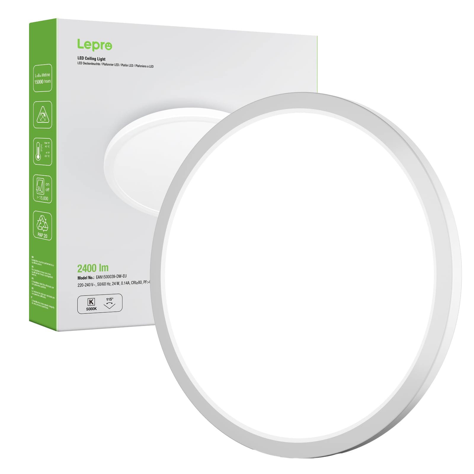 Lepro 24W LED Ceiling Light, 2400lm Super Bright Waterproof Bathroom Light, 2.6cm Ultra-Thin, Daylight White 5000K, Round Large Flush Ceiling Light for Living Room, Bedroom, Kitchen and More, Ø29.3cm