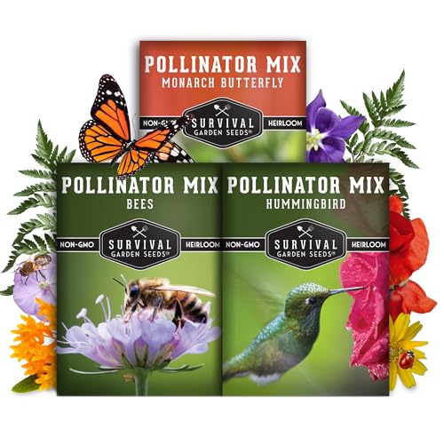 Survival Garden Seeds Pollinator Flower Collection - 3 Seed Packs for Planting & Attracting Butterflies, Bees, Hummingbirds - Nectar & Pollen Rich Perennial & Annual Wildflowers - Non-GMO Heirloom