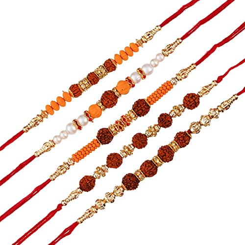 Image of eCraftIndia Set of 5 Multicolor Beads Pearls Diamond Rudraksha Rakhis for Brother Bhaiya Bhai | Roli Chawal Pack | Raksha Bandhan Rakhi