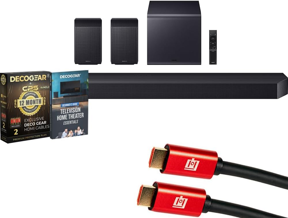 Samsung Q Series Soundbar HW-Q990F 11.1.4 ch Subwoofer + Rear Speaker (2025) Bundle with 1 Year CPS Enhanced Protection Pack, 6FT 4K HDMI Cable & Deco Gear Complete Home Theater Beginner’s Guidebook