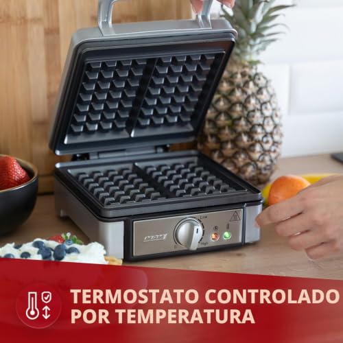 Miniatura 5 de Mpm Mgo13 Gofrera Profesional Para 2 Gofres Belgas Gruesos, Regulador De Temperatura, Placas Antiadherente, Carcasa Acero Inox, 1400w