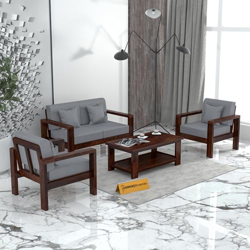 Image of KINGS HOME FURNITURE Sheesham Wooden 4 Seater Sofa for Living Room | Solid Wood Sofa | Rosewood Sofa Set for Home & Office | Lounge (Walnut Finish, 4 Seater)