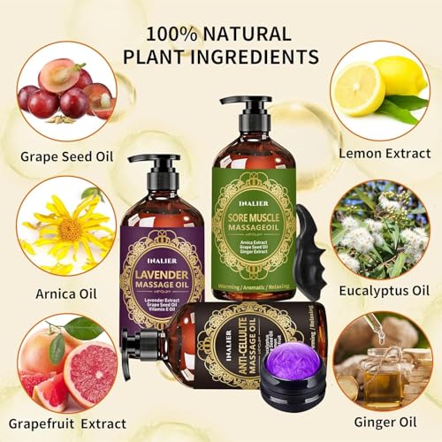 Image of Massage Oil for Massage Therapy,3 Pack Cellulite Massage Oil,Sore Muscle Arnica Oil & Lavender Massage Body Oil with Massage Ball & Thumb Saver Tool,Mens Gifts,Birthday Gifts for Women and Men