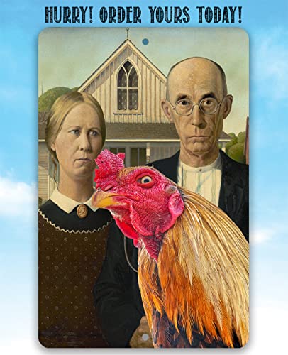 Metal Sign - American Gothic Painting - Interrupted By Rooster - Durable Metal Sign - Use Indoor/Outdoor - Funny And Artsy Chicken Farm And Coop Decor And Gift (8" X 12")? #TOP2