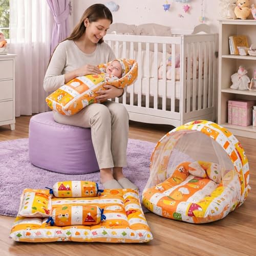 Image of Infantbond Designer Mattress with Net | Baby Sleeping Bag | Carry Bed (0-6 Months) (Orange Fox)