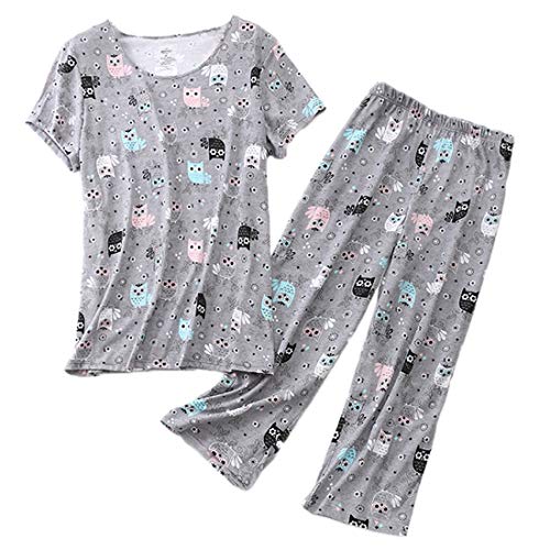 Women Pajama Set Sleepwear Tops with Capri Pants Casual and Fun Prints Pajama Sets SY215-Gray Owl-M