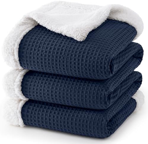 PHF Waffle Sherpa Blanket Twin Size, 60x80 Inches Luxury Plush Flannel Fleece Blanket for Winter, No Shed No Pilling, Cozy Soft & Reversible Waffle Weave Bedding for Home Decor, Navy Blue