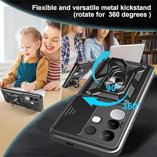 Image of Heavy Duty Back Case Cover for Vivo T4X /iQoo Z10X 5G, Shockproof Vivo T4X /iQoo Z10X Back Cover, Ring Case with Kickstand and Camera Protection Shutter - Black