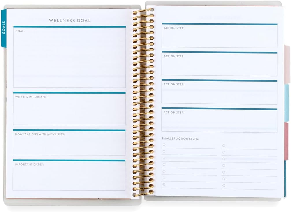 A5 Spiral - Bound Wellness Planner. 3 Months of Planning Pages. Daily Food, Movement, and Self-Care Trackers. Reflection and Celebration Pages. 6 Tabs. Sticker Sheet Included by Erin Condren.