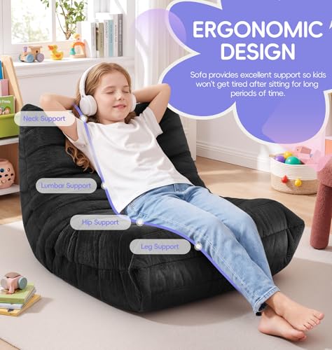 Image of Hobestluk Small Bean Bag Chair Faux Fur Fabric BeanBag Couch for Playroom | Black Plush,Ergonomic Design,Memory Foam,Strong Supportive,No Assembly Required,Decorative Style for Living Room Bedroom