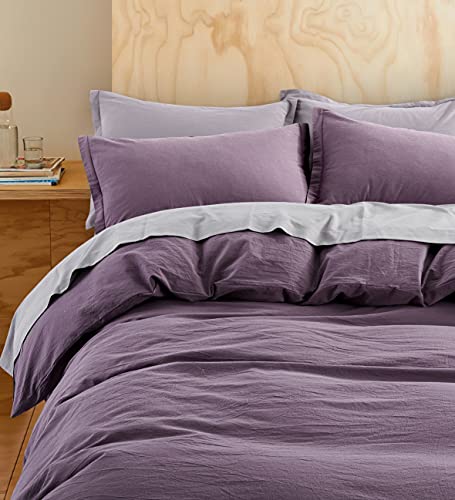 Get Bed Ready Stone Washed Cotton Casual Duvet Cover Set Solid Color Relaxed Modern Style Bedding Natural Wrinkled Lived-In Look (Grape Thistle, Super King) #TOP2