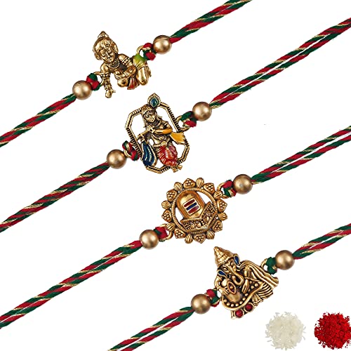 Image of eCraftIndia Set of 4 Golden Laddu Gopal, Lord Krishna Playing Flute, Lord Ganesha, and Shivling Religious Rakhis with Green Red Threads, and Roli Chawal Pack
