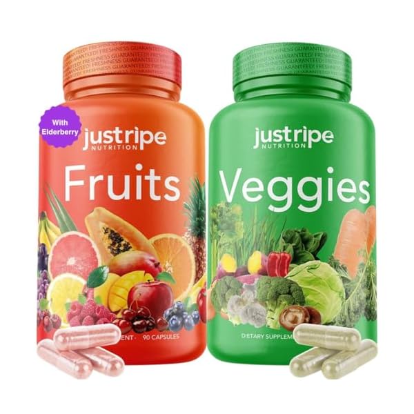 Fruits and Veggies Supplement – 90 Fruit and 90 Vegetable Capsules – 100% Whole Natural Superfood – Filled with Vitamins and Minerals – Supports Energy Levels (1 Pack)