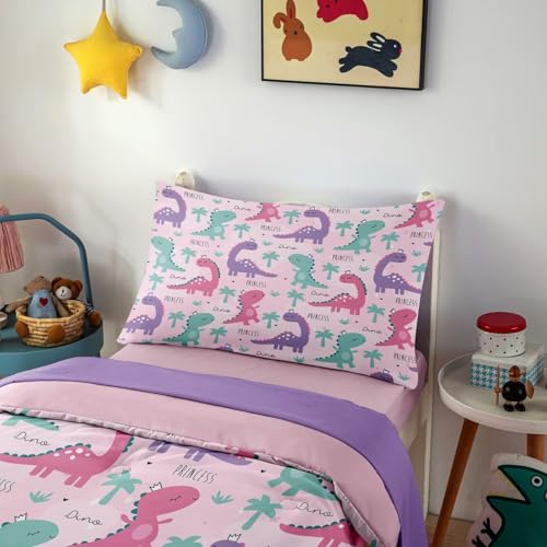 Image of 4 Piece Toddler Dinosaur Bedding Set for Girls,Pink Dino Toddler Comforter Sets Soft Bed Set Include Comforter,Fitted Sheet, Flat Top Sheet and Pillowcase,Bed in A Bag for Bedroom