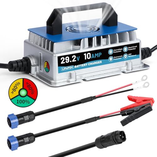 24V 10A Lithium Battery Charger IP67 Waterproof & 0V Wake Up 29.2V LiFePO4 Battery Charger with 2 Connection Types 7 Protections for 25.6V RV Boat Car Solar Electric Yacht LiFePO4 Battery