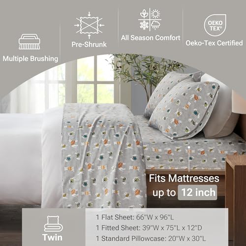 True North by Sleep Philosophy Cozy Flannel Warm 100% Cotton Sheet - Novelty Print Animals Stars Cute Ultra Soft Cold Weather Bedding Set, Twin, Grey Dogs 3 Piece