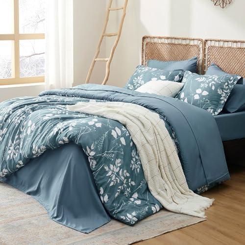Image of Bedsure Full Size Comforter Set - 7 Pieces Floral Mineral Blue Soft Bedding Sets, Full Bed in a Bag with Botanical Flowers Comforter, Sheets, Pillowcases & Shams