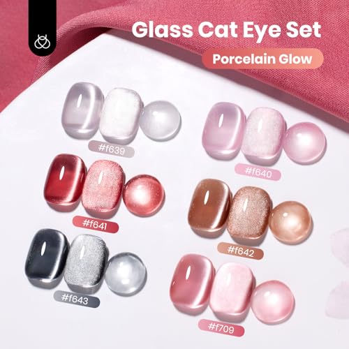 Image of Beetles Cat Eye Gel Nail Polish Set, 6 Colors Porcelain Glow Glitter Gel | Glass Gel Polish Kit Silver Red Brown Black Pink Magnetic Effect Soak Off UV Gift for Women