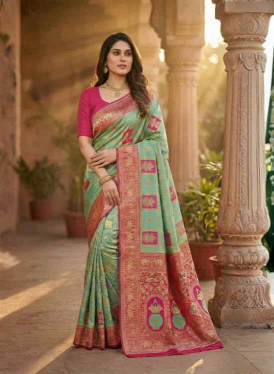 Image of C J Enterprise Women's Kanjivaram Silk Saree Woven Patola Banarasi Soft Sarees Zari With Blouse Piece (Hathi Patola)