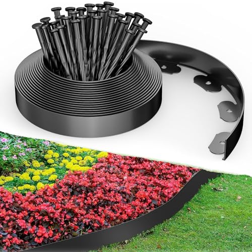 Lawn Edging, 10m Flexible Garden Edging Border Lawn Edging Strip with 30 Pegs, 5cm High Grass Path Edging Black Plastic Lawn Edge for Grass Paths, Drives, Flower Beds Lawns
