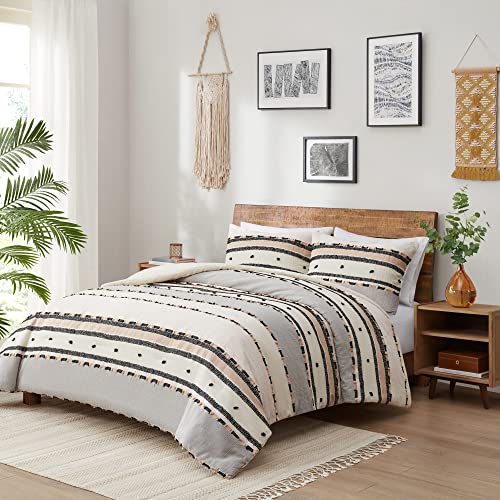 Hyde Lane Boho Queen Comforter Set, Modern Farmhouse Full Size Bedding, Cotton Top With Neutral Rustic Clipped Jacquard Stripes, Tufted Bed Sets, 3-Pieces Including Matching Pillow Shams (90" X 90") #TOP2