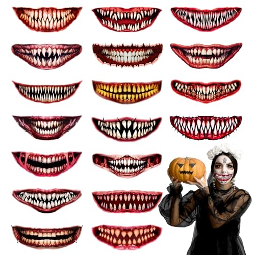 18 Stück Mund Tattoo - Gruselige Mundaufkleber für Cosplay & Halloween Party