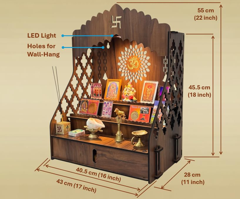 Image of STEPn'SPACE Wooden Temple For Home Big Size Mandir With LED Light & Step Wall Hanging Puja Mandir For Home Temple For Office Pooja Stand For Home & Office Temple With Storage For Shop XL-D28Xw43Xh55Cm