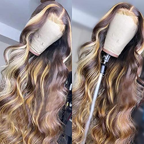 13X4 Highlight Wavy 4-27 Colored Lace Front Wigs Human Hair Brazilian Lace Front Human Hair Wigs Pre Plucked With Baby Hair For Women 150% Density. (18 Inch)