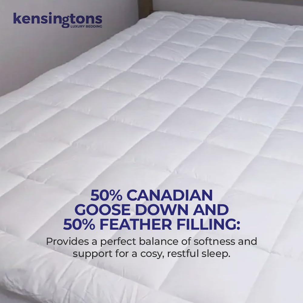 KENSINGTONS Luxury Bedding - Cubrecolchón de plumas y ganso canadiense de calidad de hotel, lujoso, suave, transpirable y de apoyo, tamaño individual para un mejor sueño