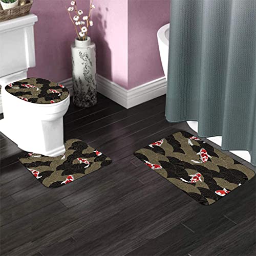 3-teiliges Badezimmerteppich-Set, traditioneller japanischer Fisch auf einem Designmuster-Hintergrund, waschbare Badeteppiche, rutschfest, mit Rückenpolster, Konturteppich und Toilettendeckelbezug – Bild 4